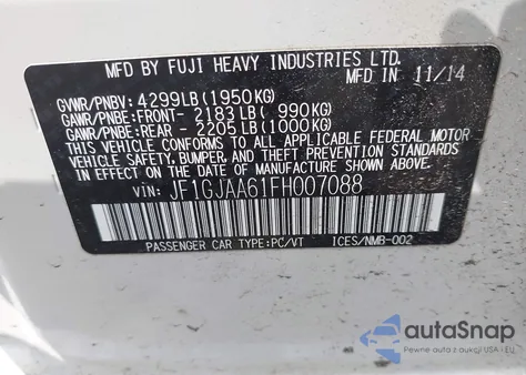 2015 Subaru Impreza 2.0I z USA, uszkodzony, nr VIN JF1GJAA61FH007088